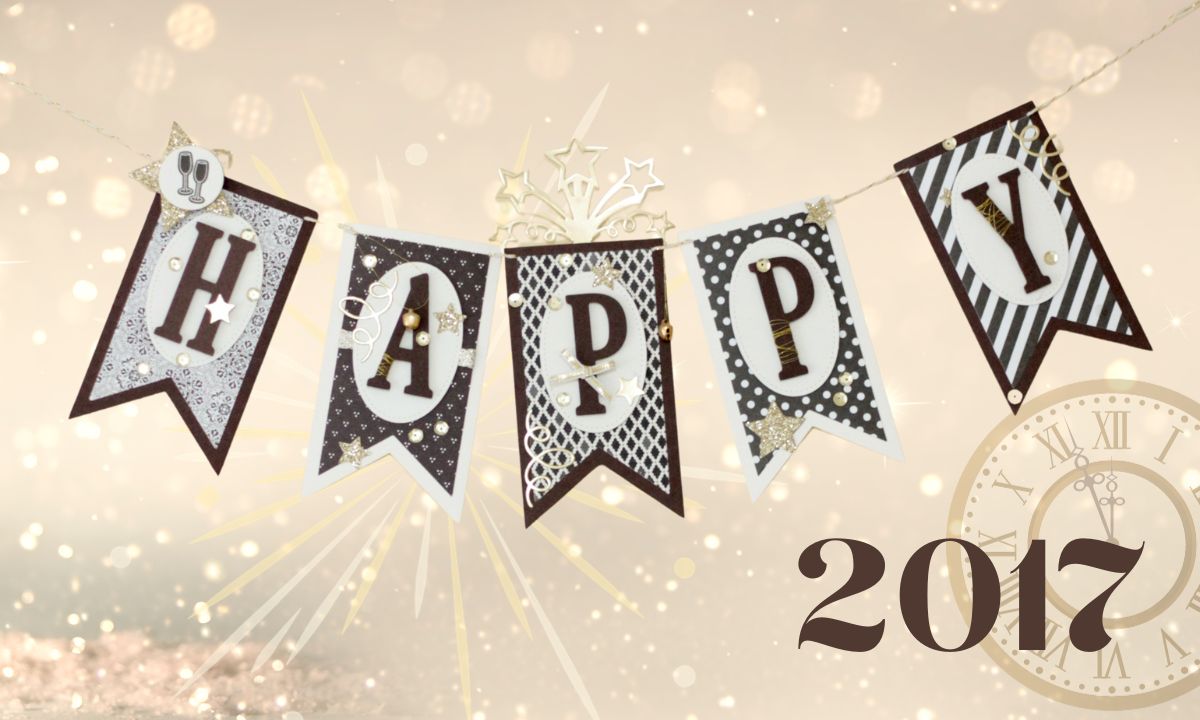 Wimpelkette für die Silvester-Party "Happy" in Braun-Gold-Vanille
