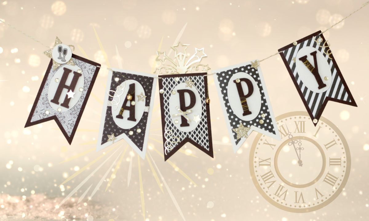 Wimpelkette für die Silvester-Party "Happy" in Braun-Gold-Vanille